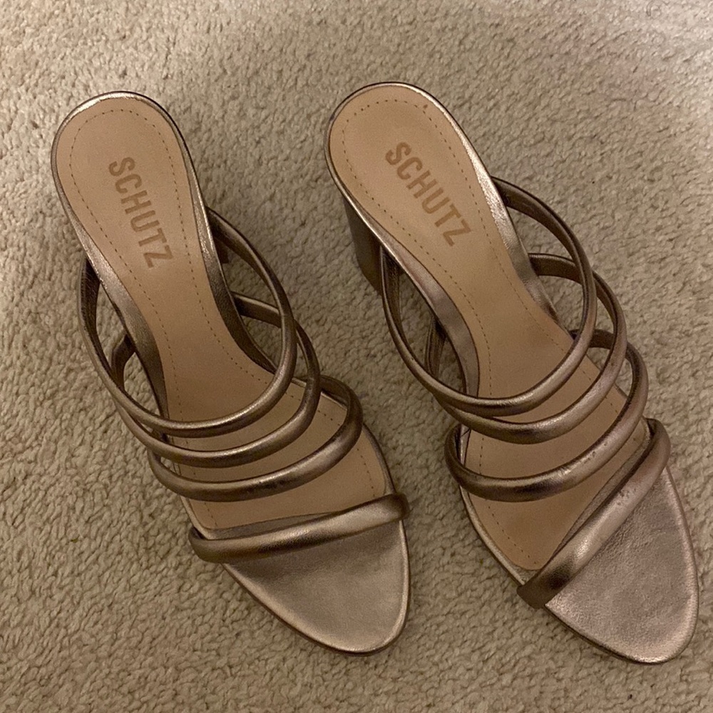 Schutz Felisa strappy block heel sandal in bronze